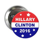 Circular Hillary Clinton 2016 campaign pin with red, white, and blue stars