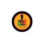 Orange Juneteenth pinback button with black border, raised fist and 'June 19' text