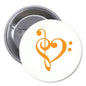 Round music-themed pinback button with orange treble clef heart design