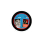 Round acrylic keychain with black rim and blue photo inserts of Michael Jackson