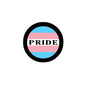 Transgender pride badge pin with circular black border, Pride text on pink and blue stripes