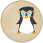 Penguin pinback button, penguin in blue glasses on cream background, round 32mm