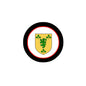 Circular coat-of-arms magnet with black border, red ring, and gold shield with green emblem