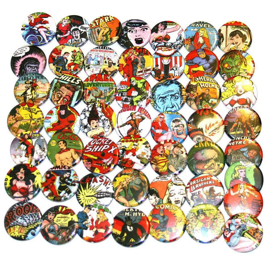 50-pack of 1.25-inch retro comic pinback buttons, round multicolor illustrated