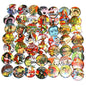 Set of 1.25-inch retro comic pinback buttons, round with colorful character artwork