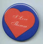 Heart pinback button with red “I Love Theresa” text on blue, 1.25-inch size
