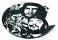 Round black button badge with white Che Guevara portrait collage design