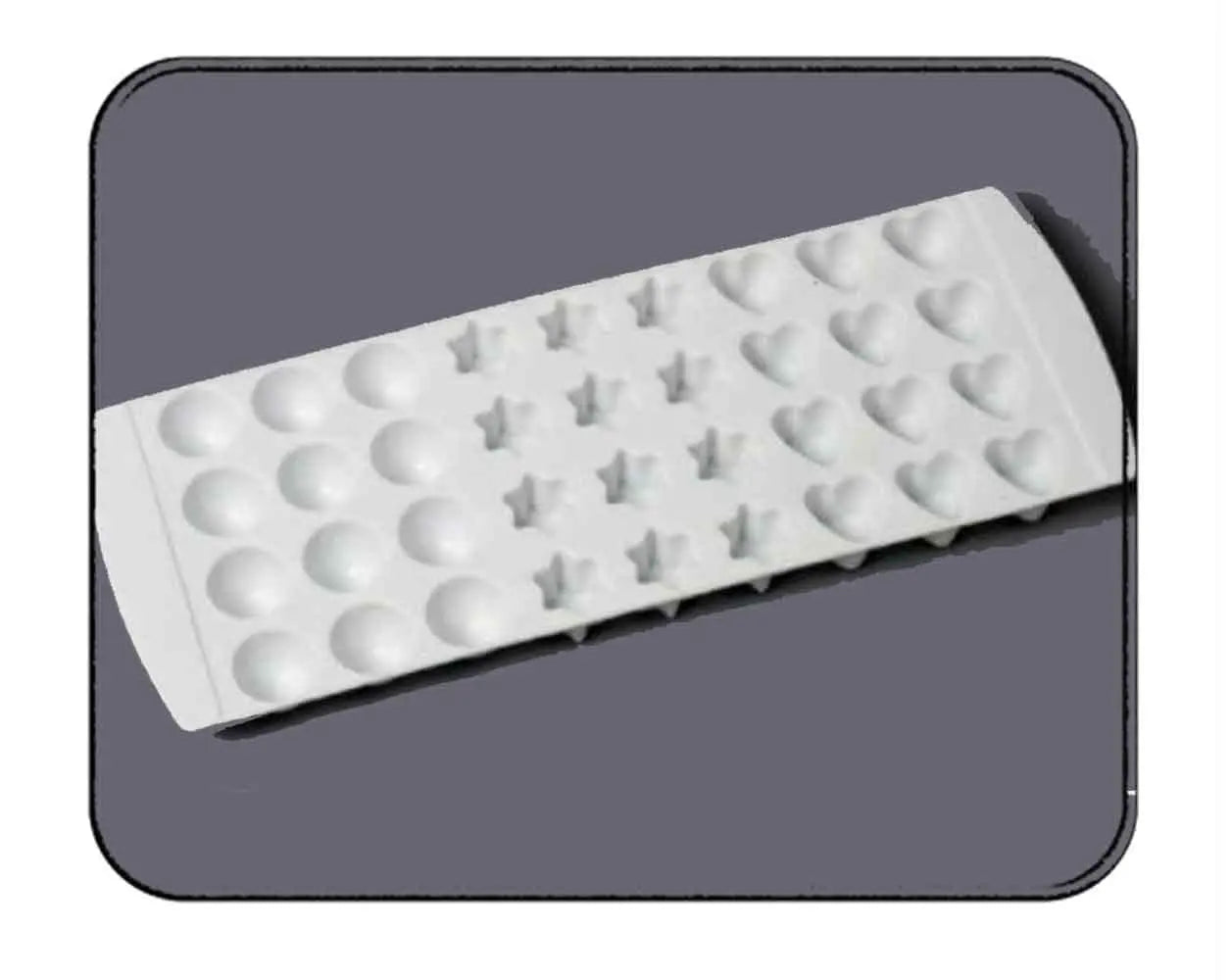 Ice cube tray with heart, star, and circle cavities