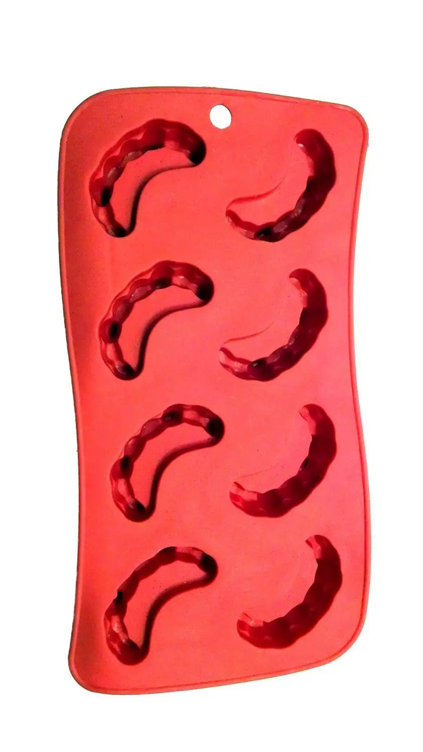 Red silicone ice cube tray with six fang-shaped cavities for Halloween treats