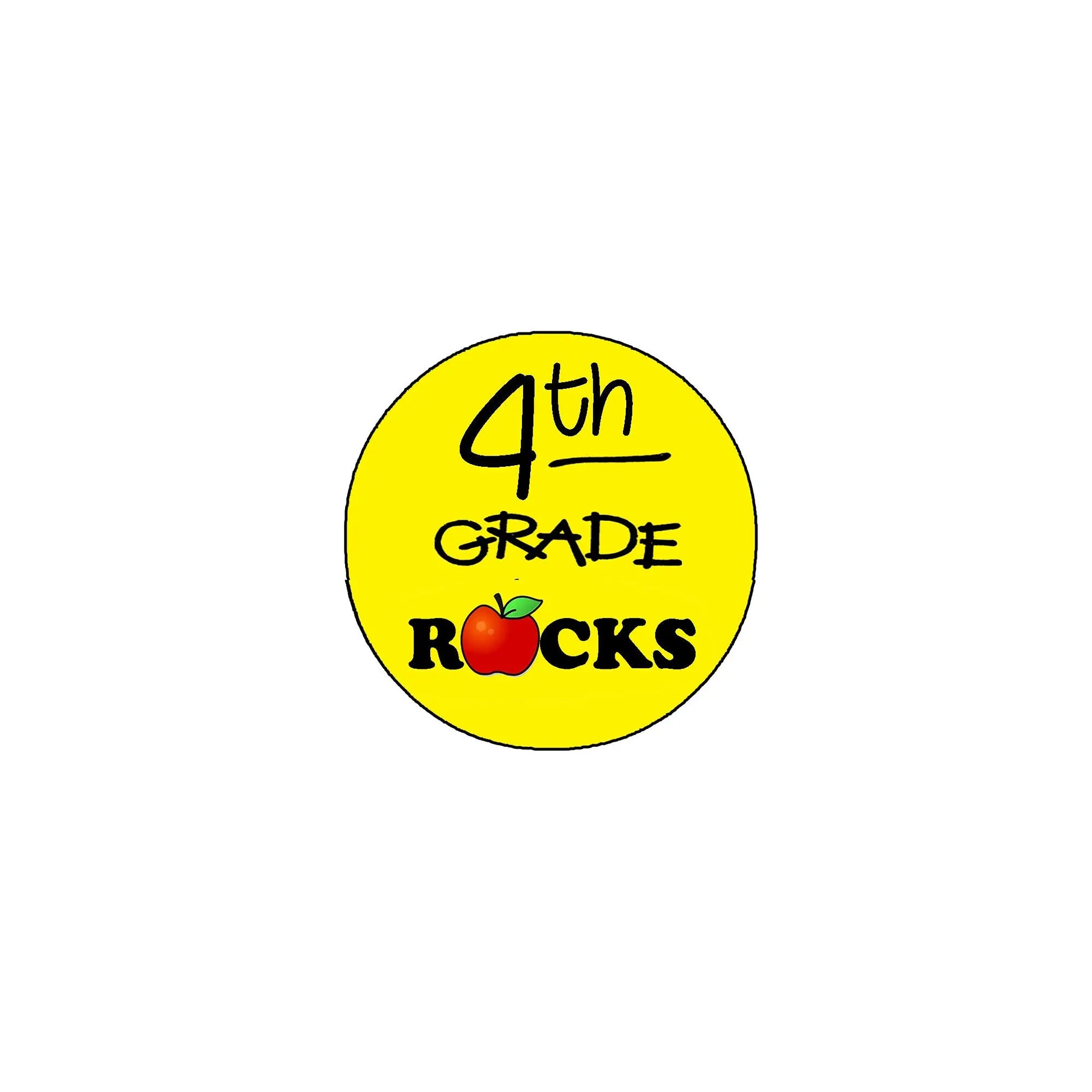 Yellow circular pin with '4th Grade Rocks' text and red rock icon