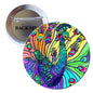 Colorful peacock pinback button with circular art design