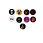 Set of 8 round pinback button badges with colorful cartoon character designs.