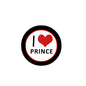 Round pinback button with black border, red heart, and I LOVE PRINCE text