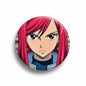 Felt badge reel with circular anime face design in red and blue