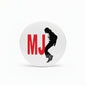 Round MJ silhouette pinback badge brooch: black border, red rim, white center with red MJ