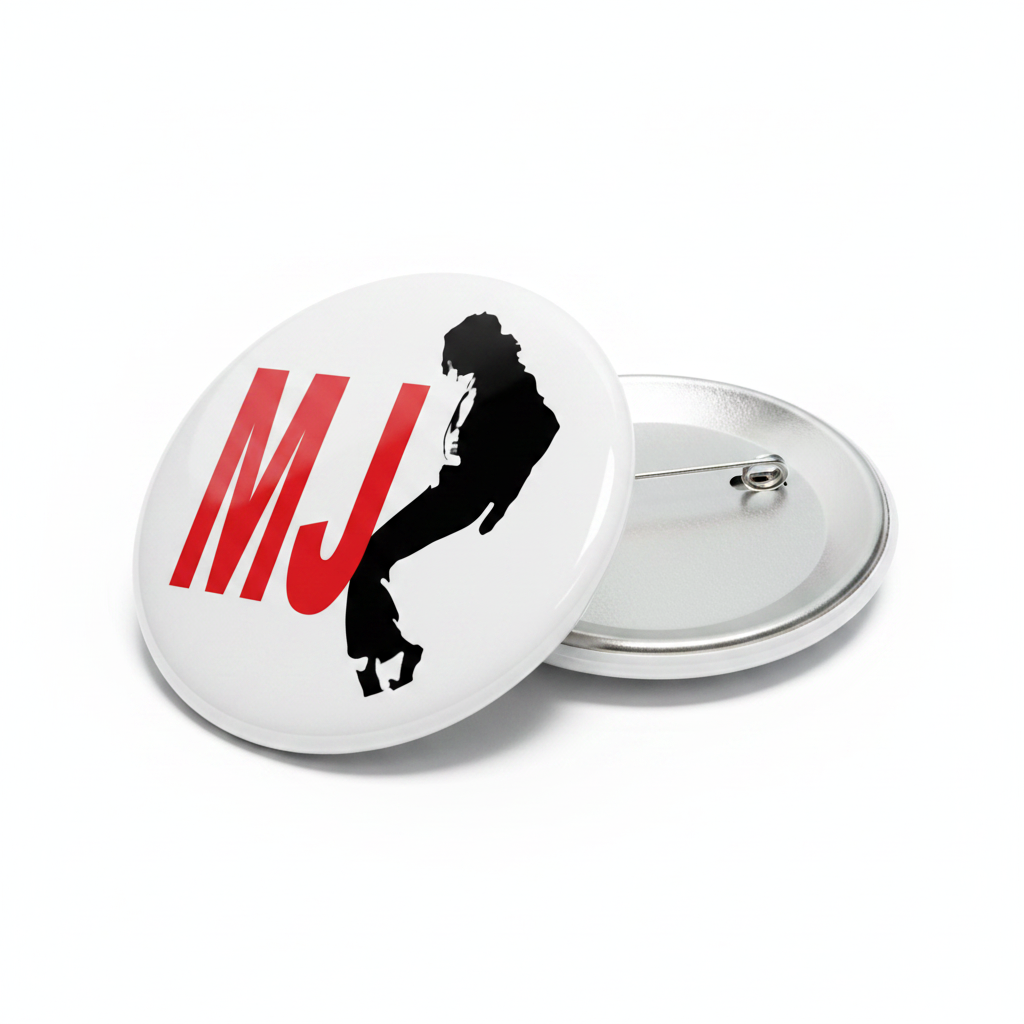 Round pinback badge brooch with black MJ-style silhouette and red logo lettering