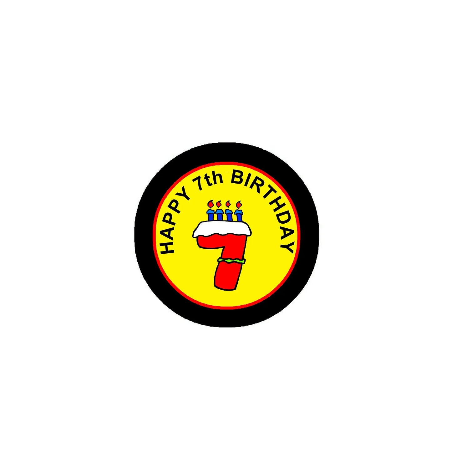 Round yellow pinback badge with black border, 'Happy 7th Birthday' text and cake icon
