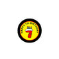 Round yellow pinback badge with black border, 'Happy 7th Birthday' text and cake icon