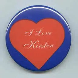 Blue heart pinback button with orange center text I Love Kirsten