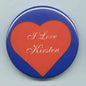 Blue heart pinback button with orange center text I Love Kirsten