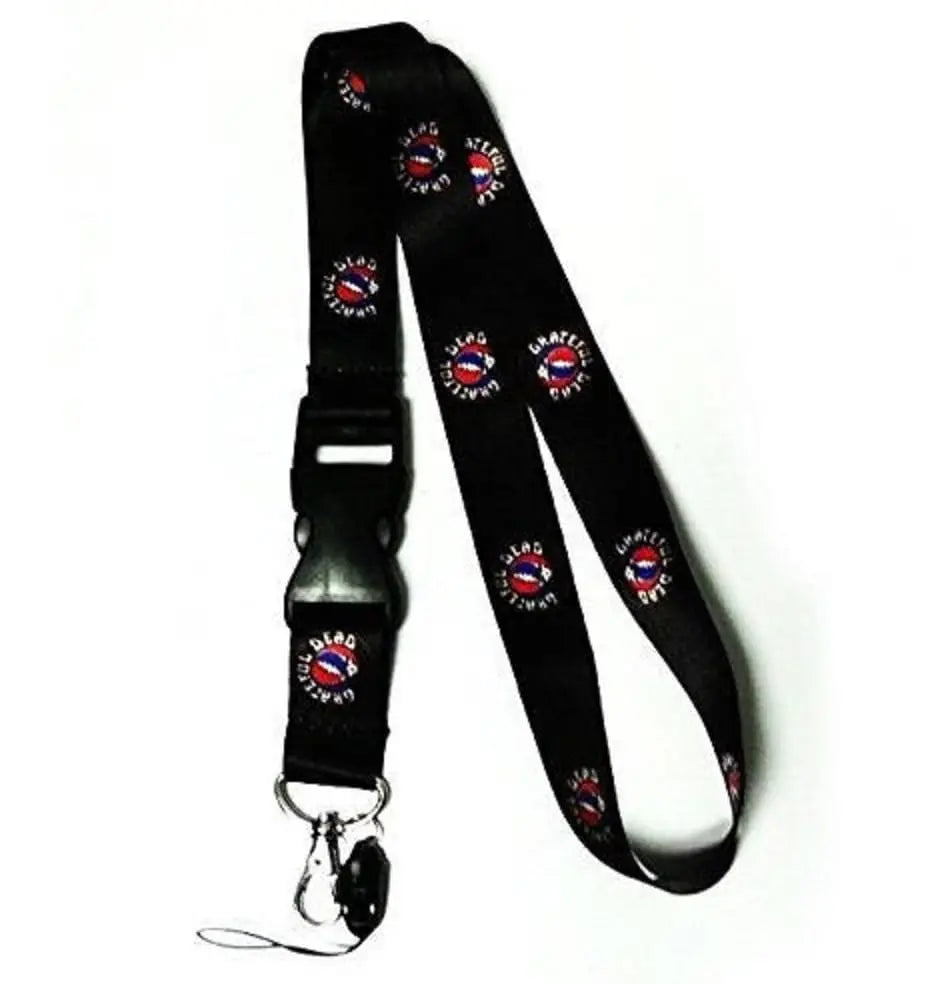Black lanyard with colorful circular graphic patches and metal clasp