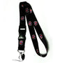 Black lanyard with colorful circular graphic patches and metal clasp