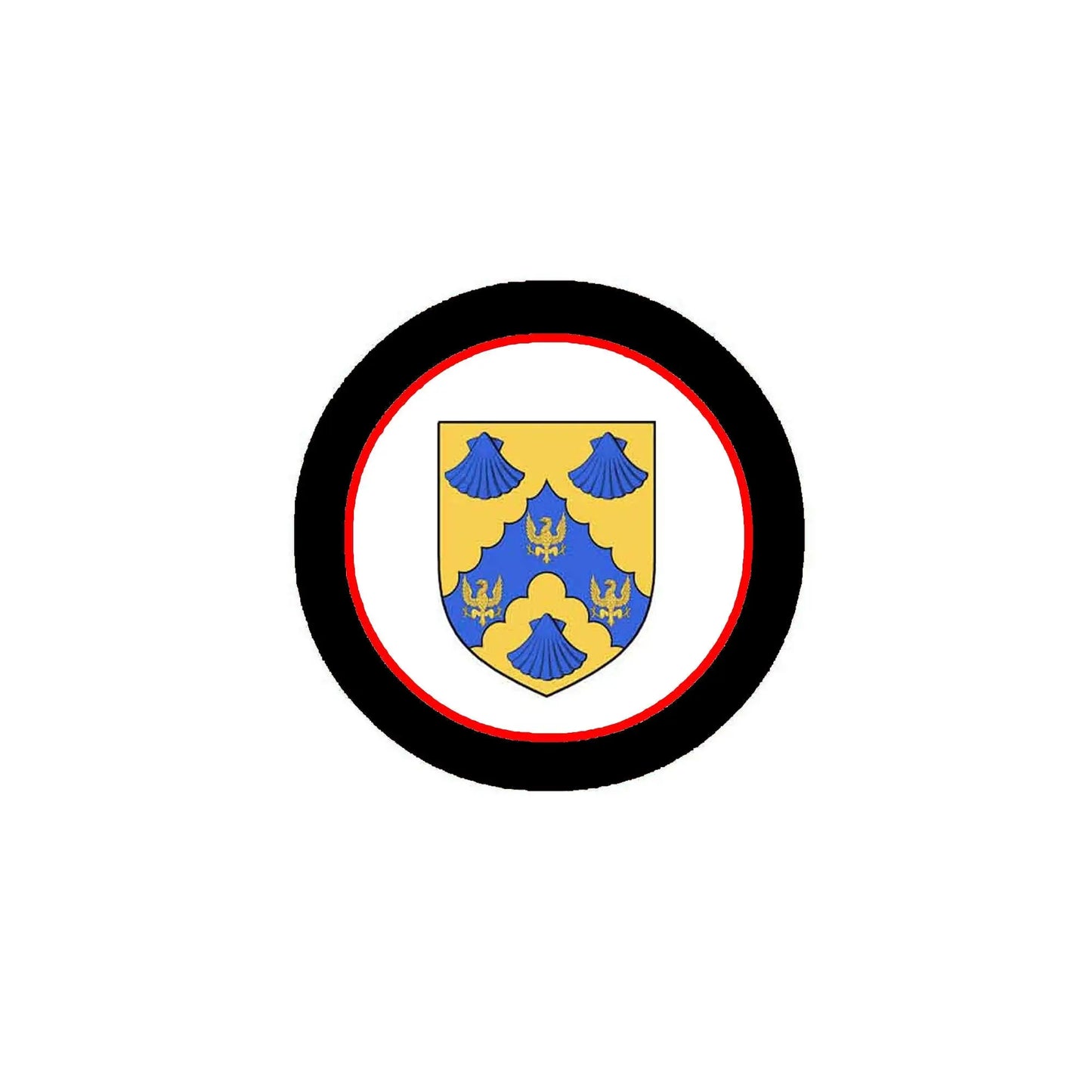 Coat of arms fridge magnet, round black ring with red border and blue yellow shield