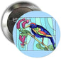 Blue bird pinback button with colorful illustration on light blue background