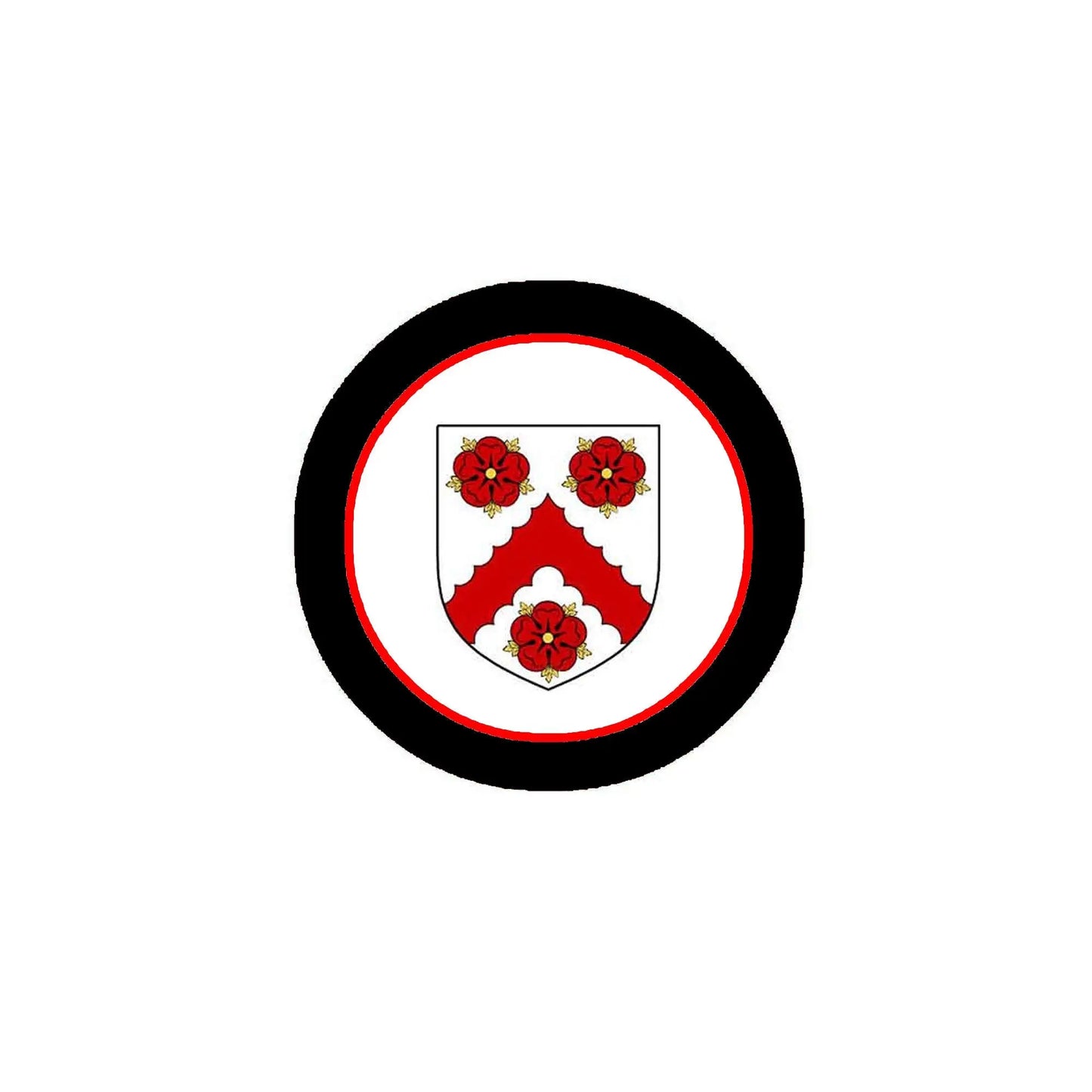 Round pinback badge with black rim and red floral crest design