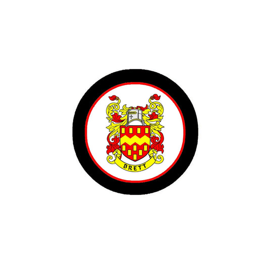 Round family crest pinback with black border and red-yellow shield