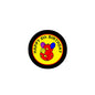 Happy 8th birthday pinback button, round black border with yellow text and balloons