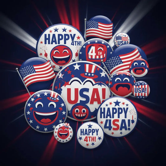 Assorted 4th of July smiley flag pinback buttons with USA 'Happy 4th' text
