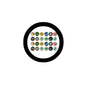 Round pinback button with black rim and colorful holiday text icons, 2.25 in