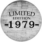 Round pinback button with gray brick background, “LIMITED EDITION 1979” text