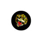 2.25-inch tiger pinback badge with colorful roaring tiger graphic on black background