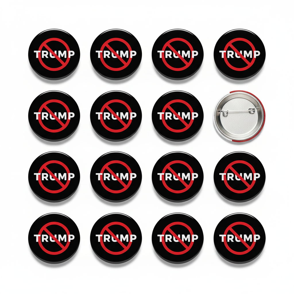 Set of 12 round black pinback buttons with red TRUMP logo and slash; one shows silver pin