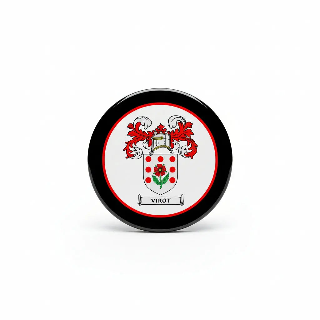 Round coat-of-arms pinback badge with black rim and red-and-white crest center