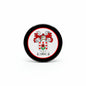 Round coat-of-arms pinback badge with black rim and red-and-white crest center
