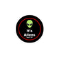 2.25-inch pinback button: black with red ring, green alien face
