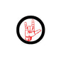 Round pinback button with black border, white center, red love/hand peace sign