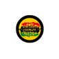 Round Juneteenth pinback button with yellow center, black border, “Juneteenth Celebrate Freedom”