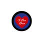 2.25-inch pinback button with black rim, blue circle, red heart and 'I Love Bruce'