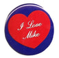 Red heart “I Love Mike” pinback button with dark blue border