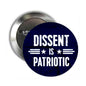 Round pinback button with blue face and white text, metal back pin attachment