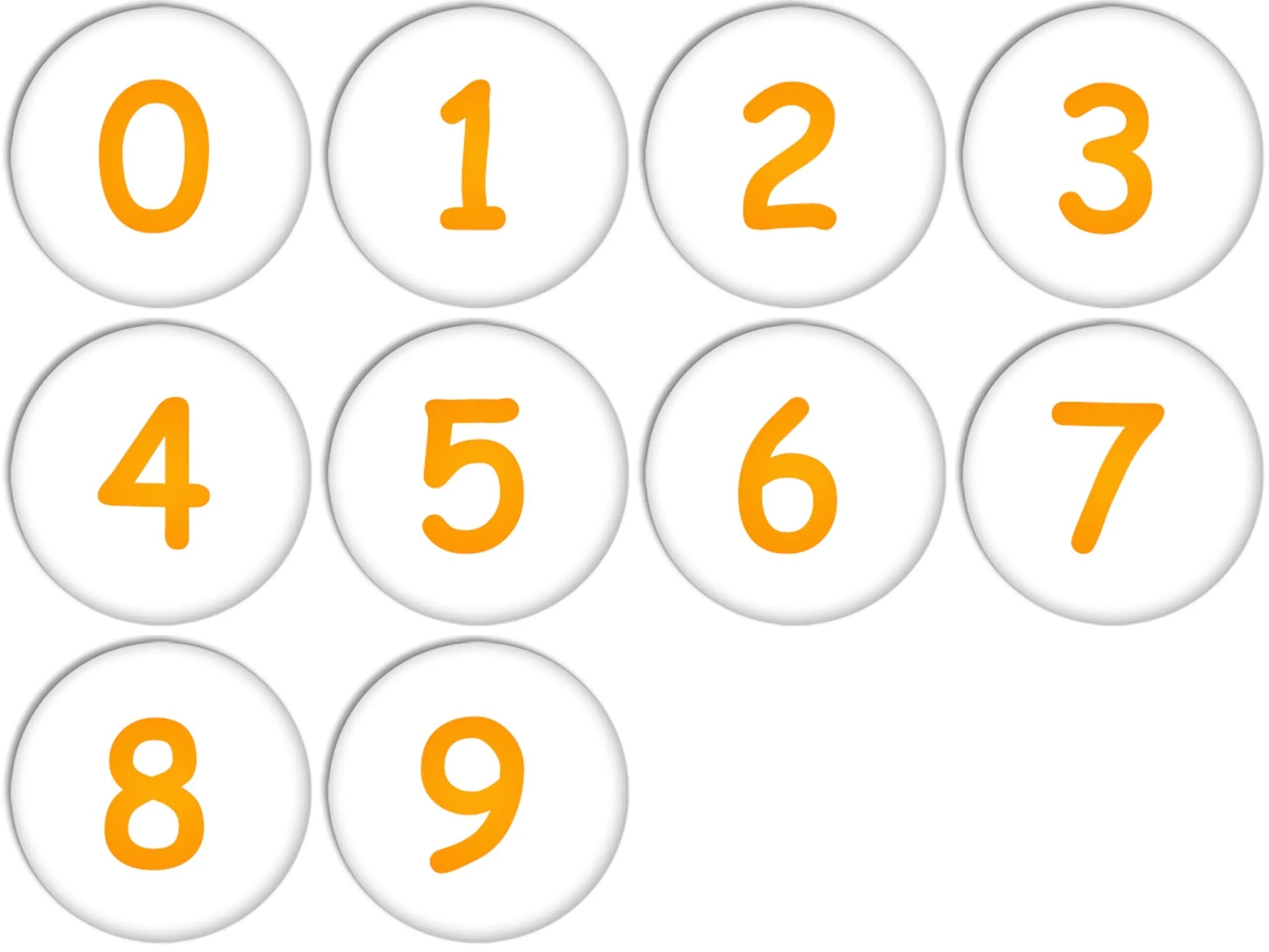 Set of 10 orange number pinback badge buttons, circular with digits 0–9