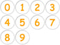 Set of 10 orange number pinback badge buttons, circular with digits 0–9