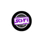 Round pinback button with purple “100% SCI-FI Fan” text on dark background