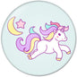 Unicorn pinback button in light blue with purple unicorn, moon and star graphic