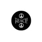 Black circular pinback button with peace symbols and Teach Peace lettering