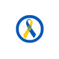 Ukrainian ribbon pinback with blue circular border and yellow-blue trident emblem